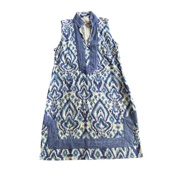 STS Blue Linen Blend Dress Small Sleeveless Tunic Ikat Print Summer Resort Beach - Picture 1 of 5